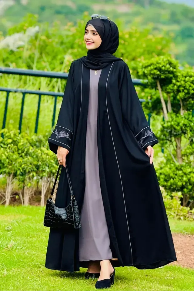 Black open front abaya with floral embroidered cuffs