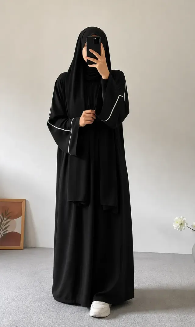 Black abaya with white piping and attached hijab