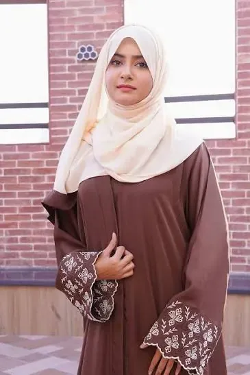 Brown abaya with floral embroidered scalloped cuffs