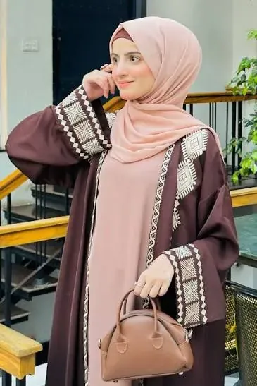 Brown open abaya with geometric embroidered sleeves and trim