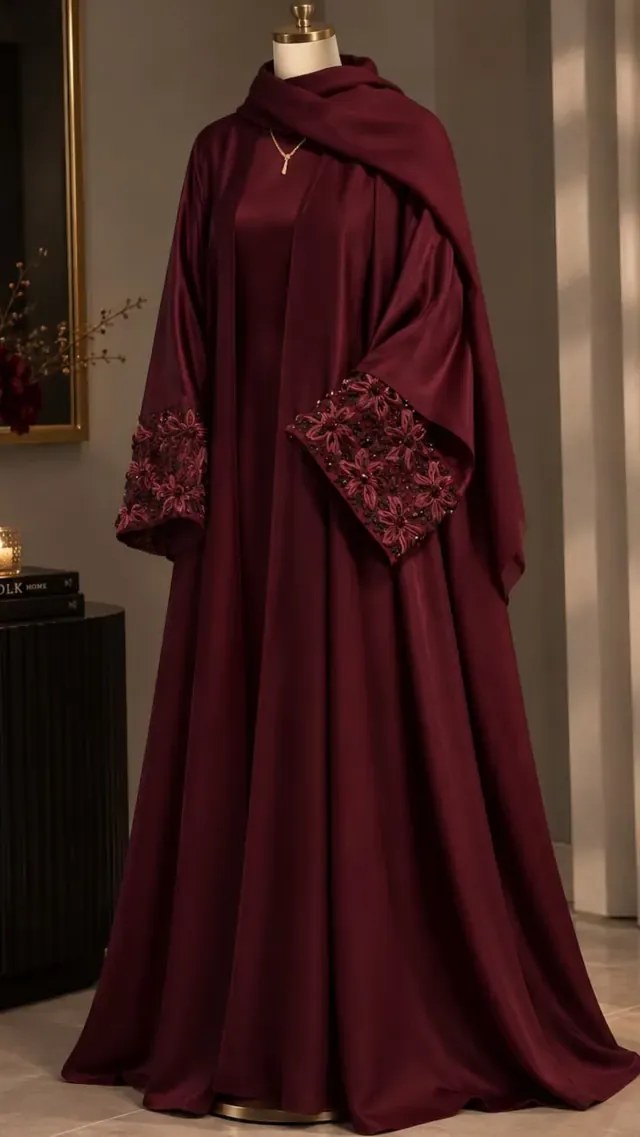 Burgundy abaya with floral beaded cuffs and matching scarf