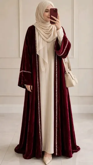 Burgundy velvet open abaya with sequin trim