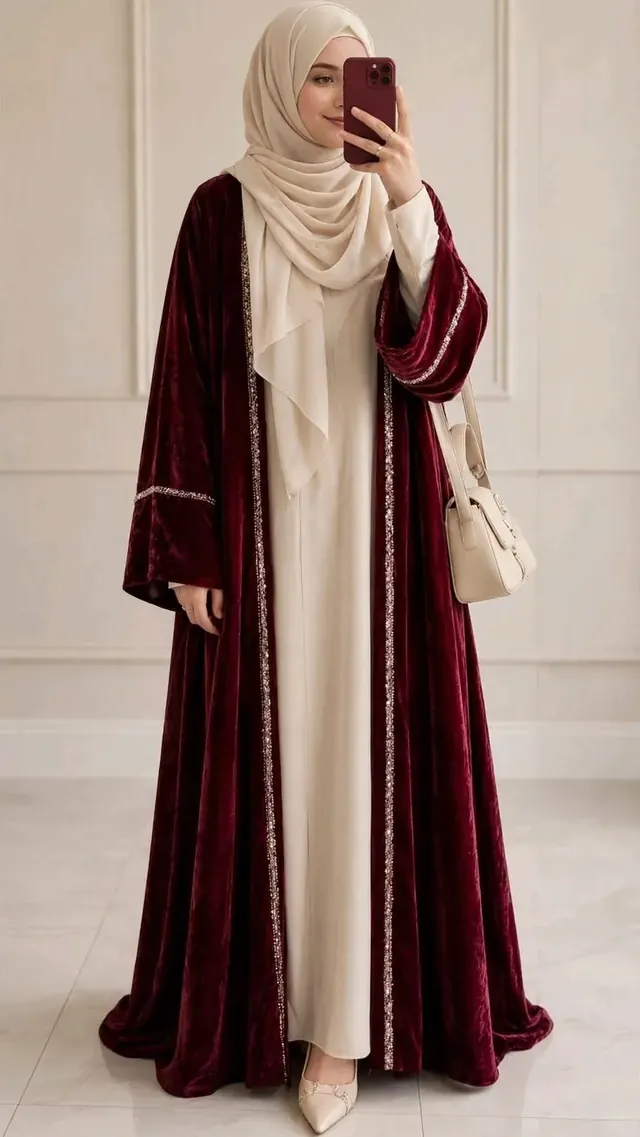 Burgundy velvet open abaya with sequin trim